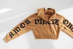 Amor Vincit Omnia Cropped Cashmere Hoodie (Mustard)